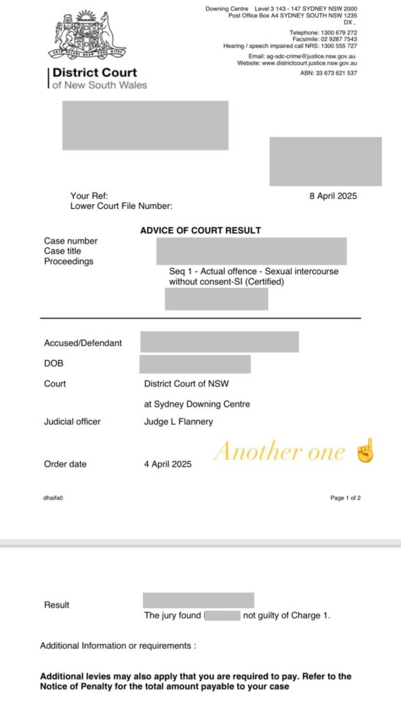 Dictrict Court Advice of Court Results, Not Guilty of Sexual Intercourse Without Consent